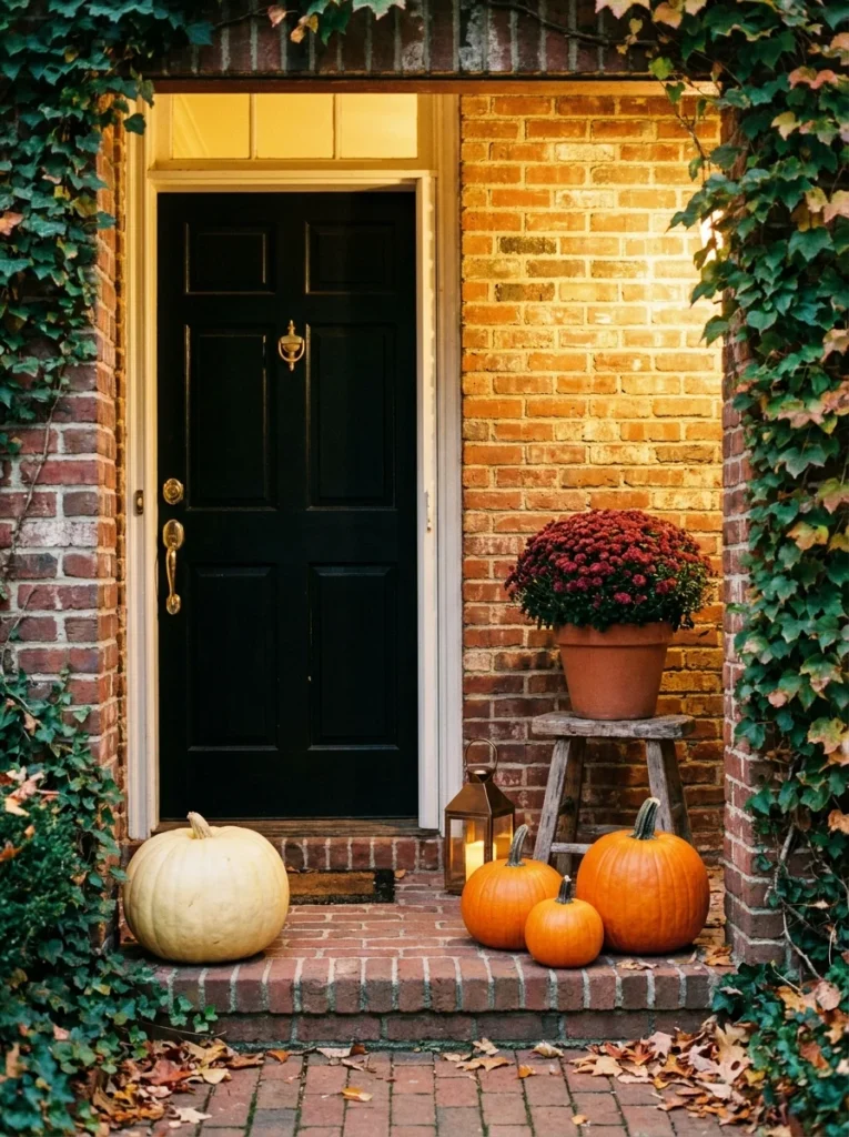 Bronze lantern, pumpkins, and burgundy mum creating warm fall porch decor