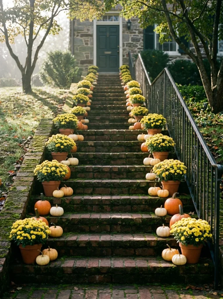 Small mums and mini pumpkins line the steps of a traditional fall entry.