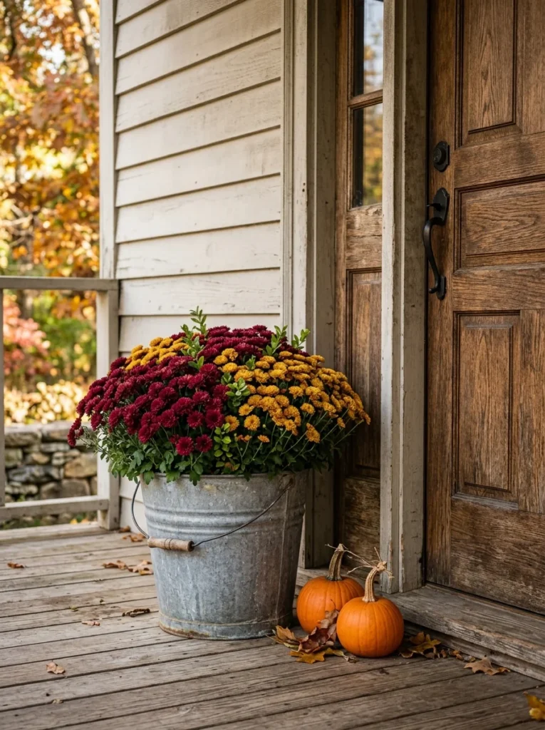 Galvanized bucket filled with colorful mums on a farmhouse fall porch.