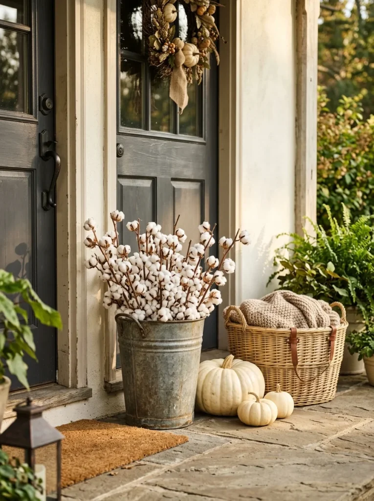 White cotton stems in a galvanized bucket create soft neutral autumn porch decor.