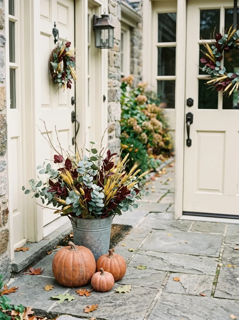 A galvanized bucket filled with autumn foliage beside a front door.