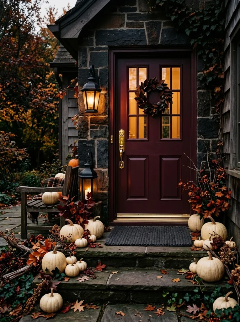 Burgundy accents and cream pumpkins create moody fall porch decor