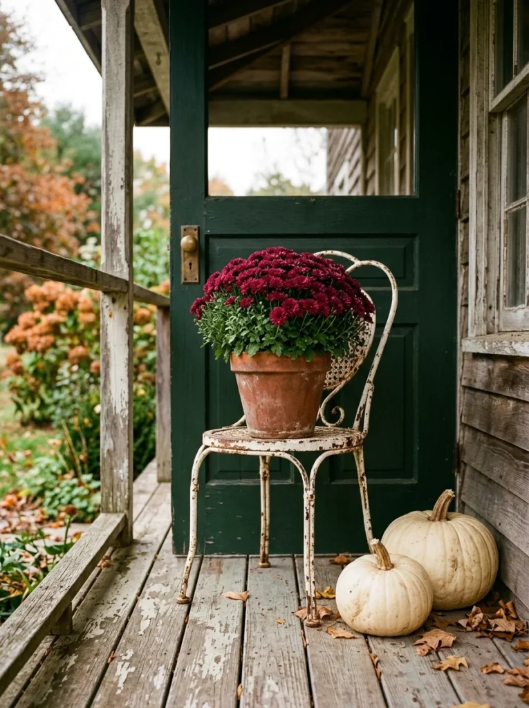 A vintage metal chair repurposed as a fall plant stand.