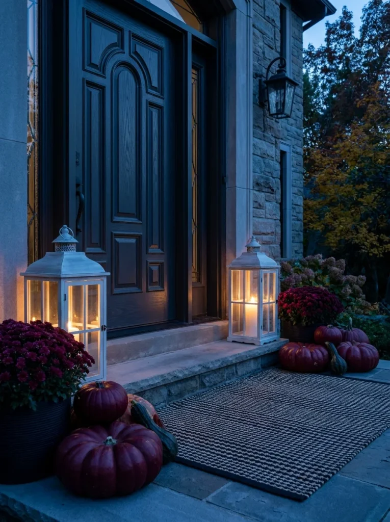 White lanterns with burgundy pumpkins for a moody fall porch