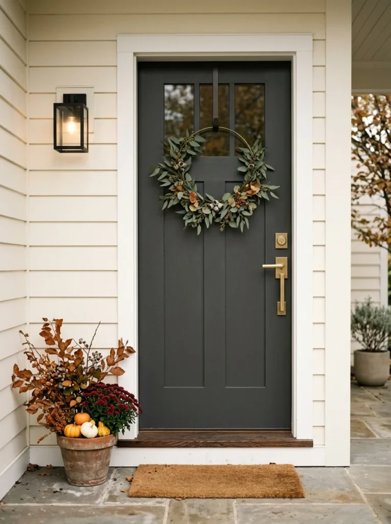 An olive-green wreath adds understated autumn character to a contemporary front door.