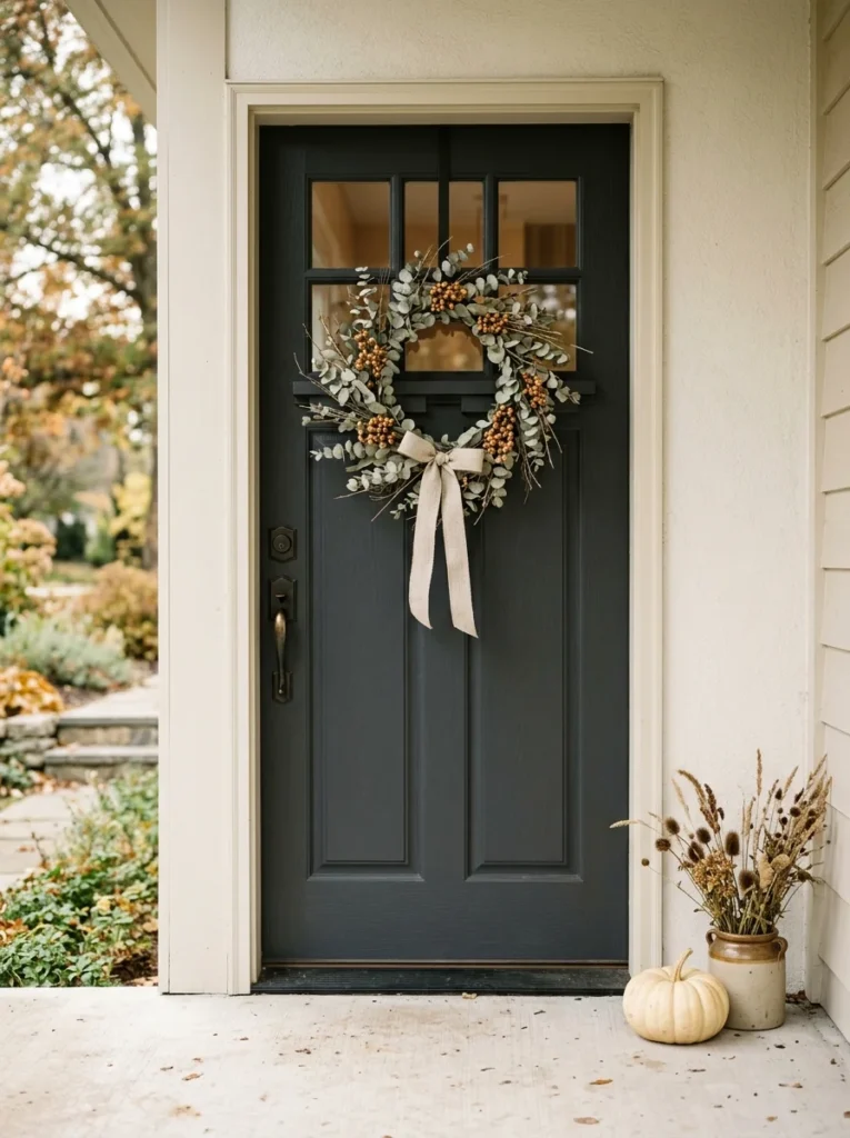 Dried eucalyptus wreath on a charcoal door for autumn porch decor