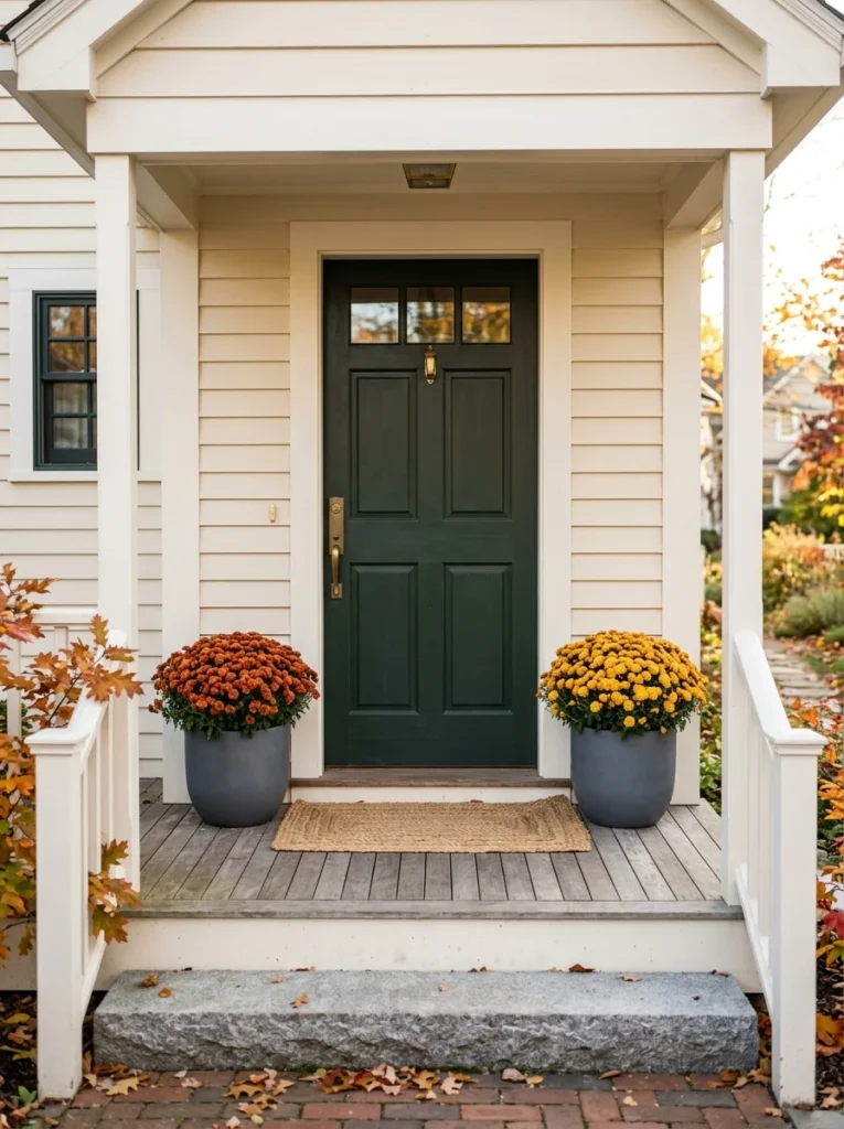  Golden and orange mums add cozy color to a compact fall front porch.