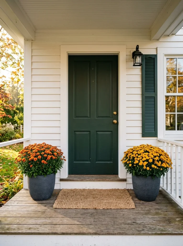 Grocery-store mums in simple planters add affordable autumn color to a porch.