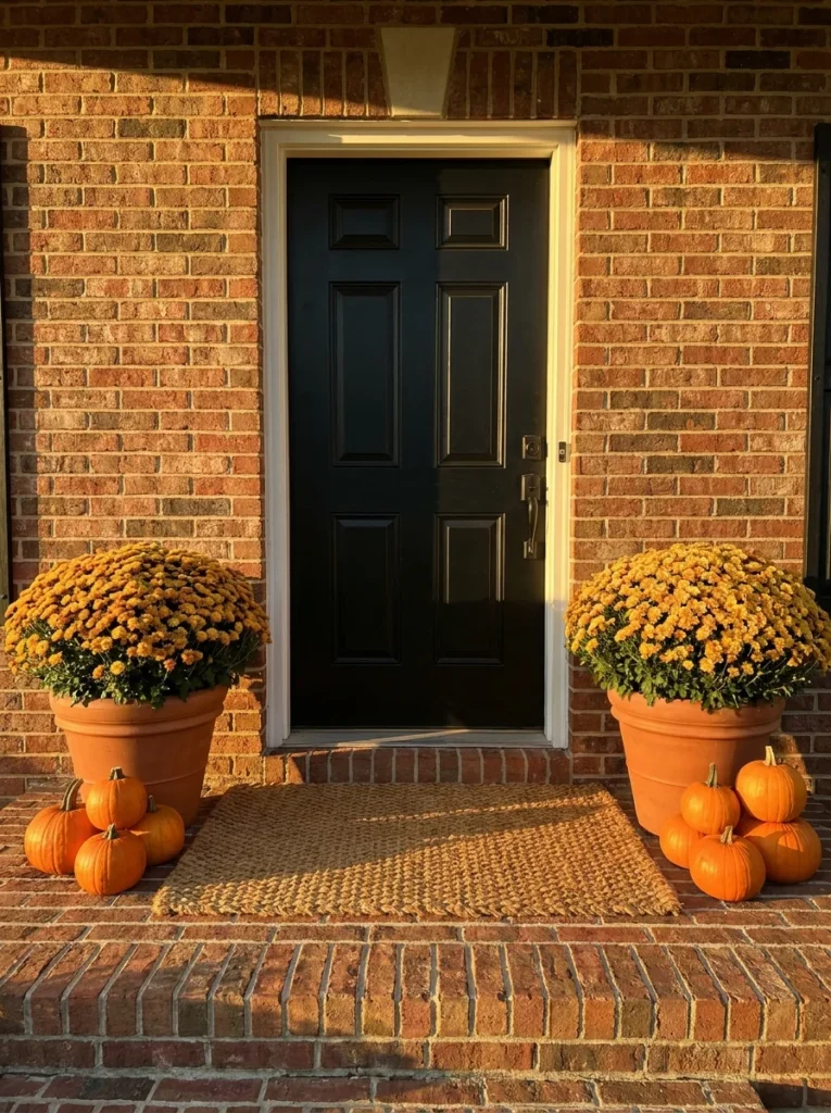 Golden mums and pumpkins framing a black front door for fall