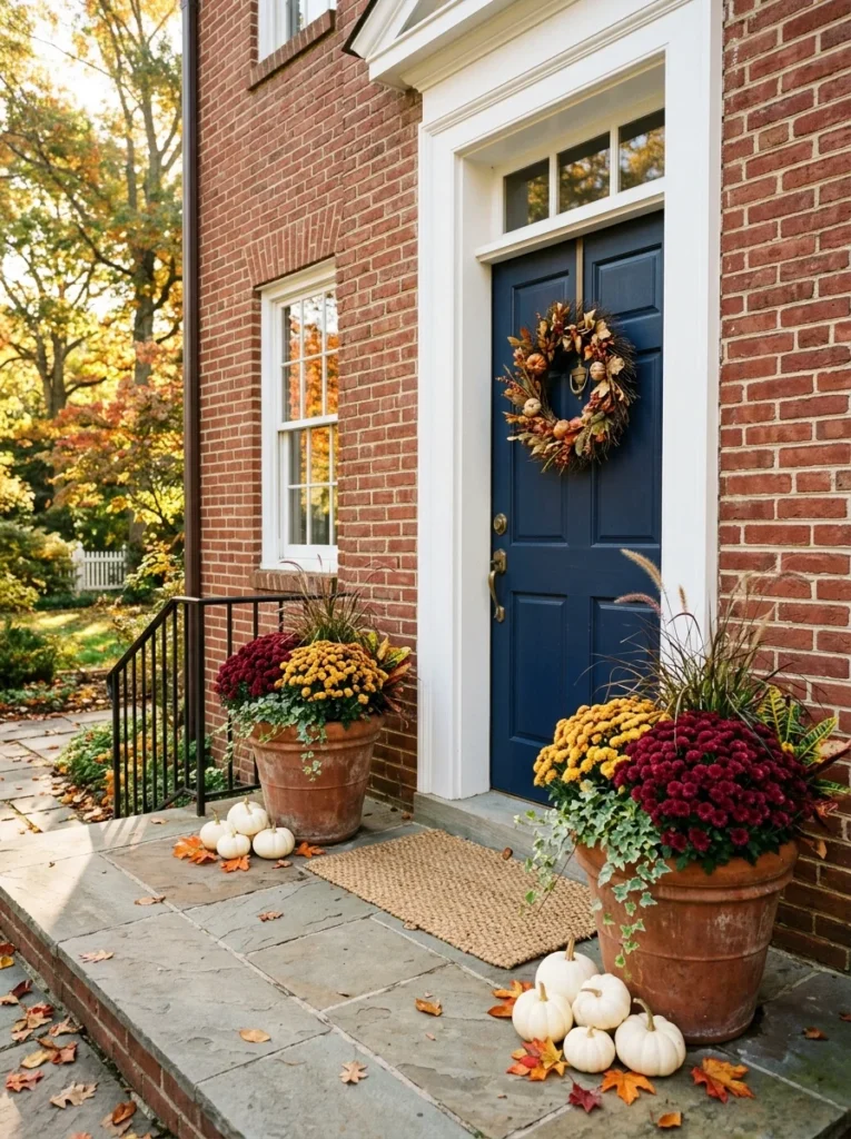 Burgundy and yellow mums create colorful front porch fall decor beside a navy door
