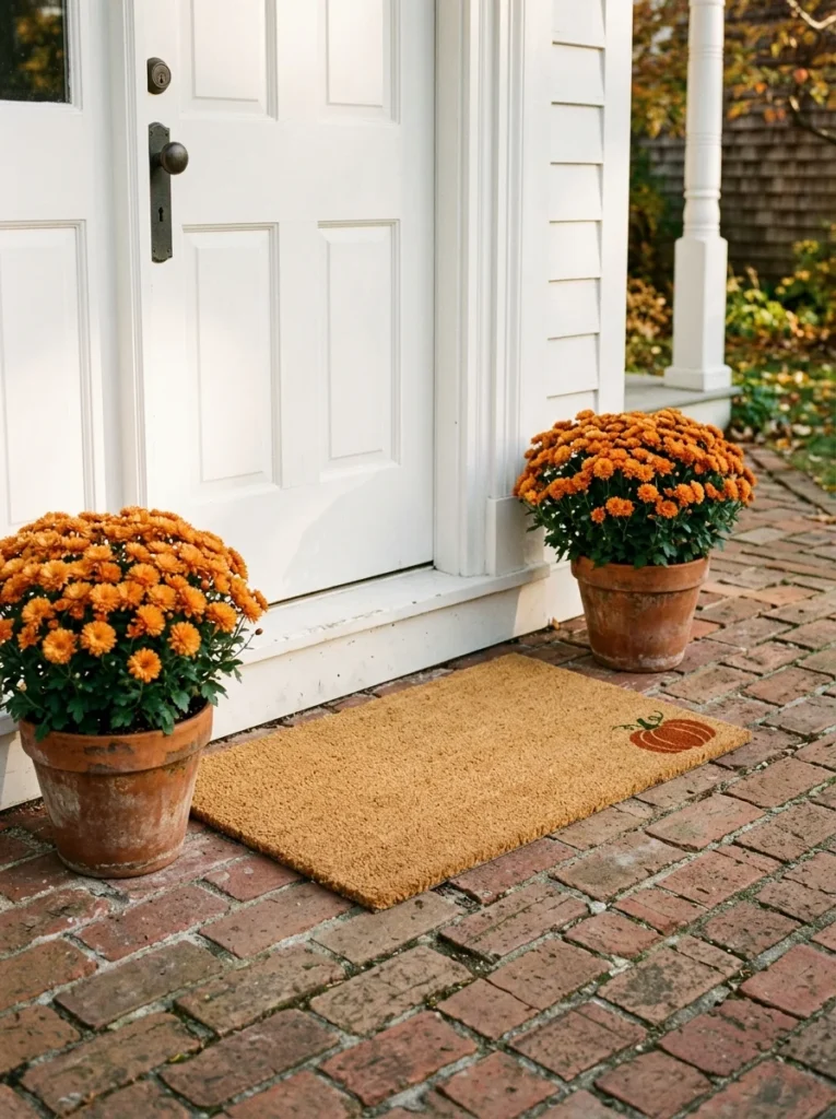 A simple coir doormat with mums and pumpkins on an affordable fall porch.
