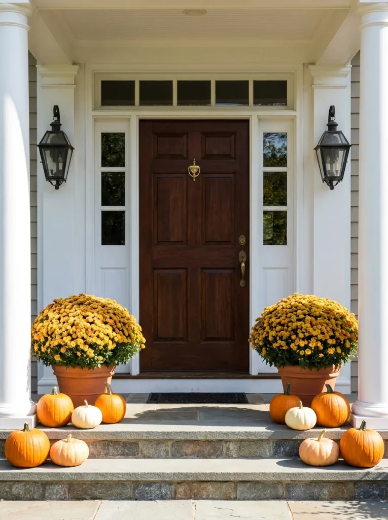 Symmetrical golden mums and pumpkins create a balanced classic fall porch.