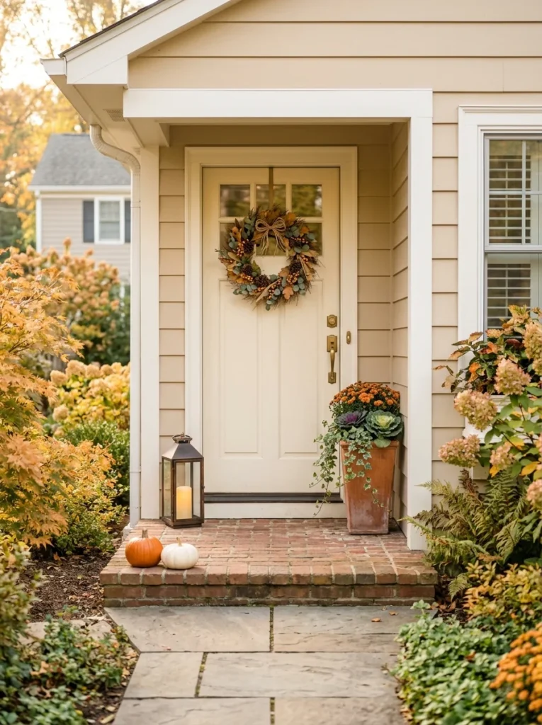  Simple small fall porch decor arranged around a compact front entrance.