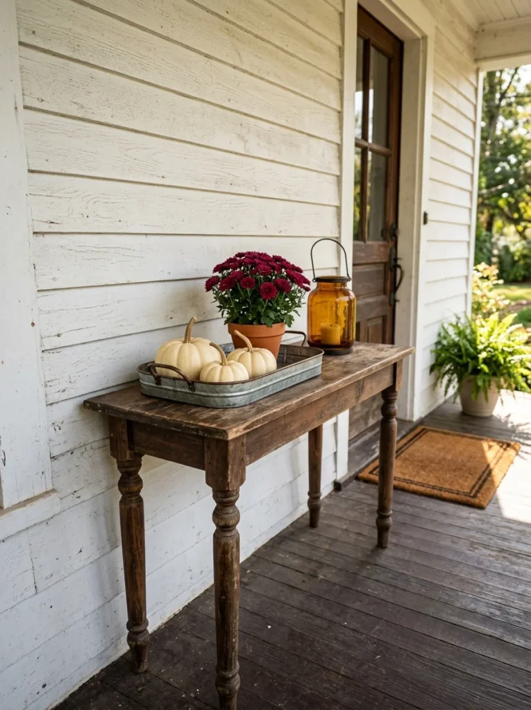 Slim farmhouse console table decorated with pumpkins and fall accents.