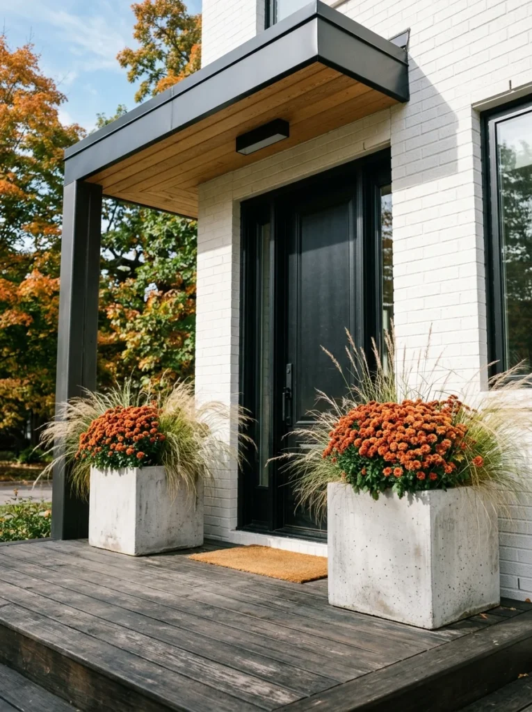 Rust mums in concrete pots bring controlled autumn color to a modern front porch.