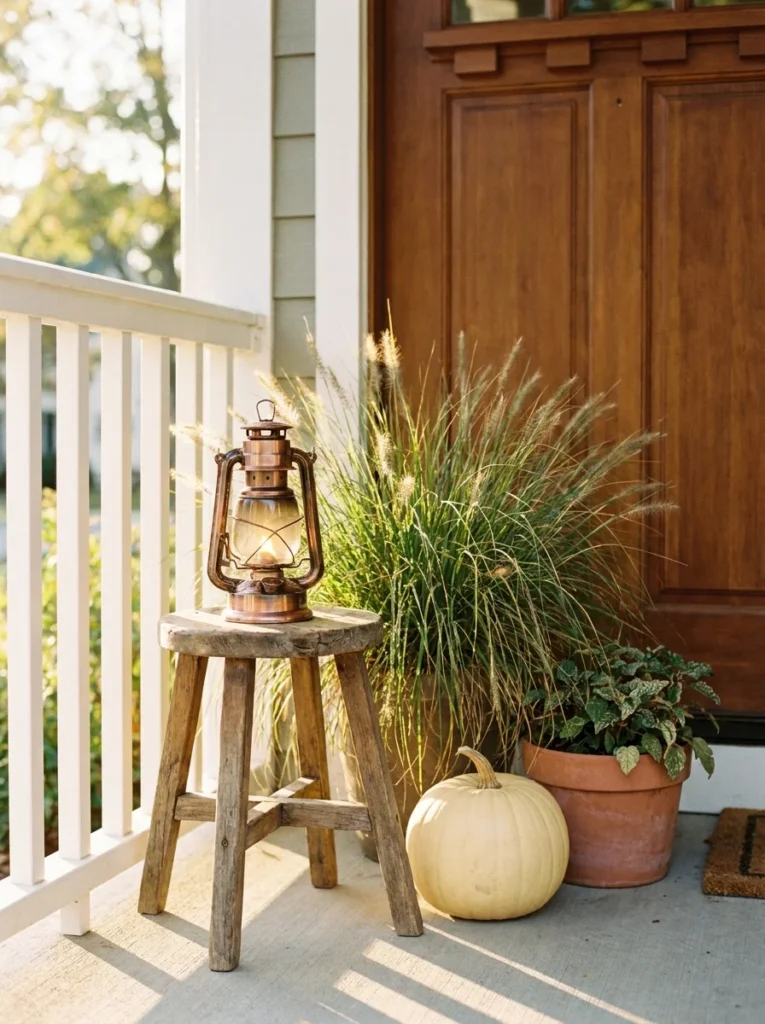Copper lantern displayed on a small stool for fall porch decor