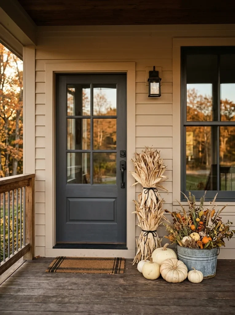Dried corn husks bring natural autumn texture to a simple modern porch.