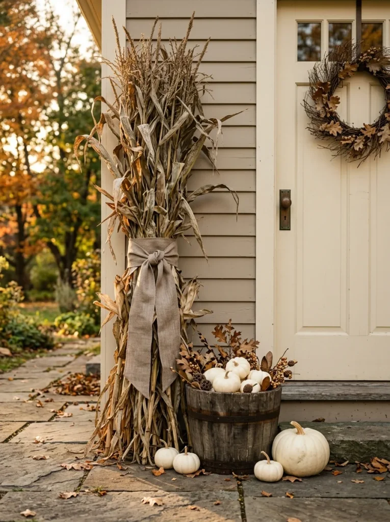 A tied cornstalk bundle adds rustic texture to a neutral fall porch.