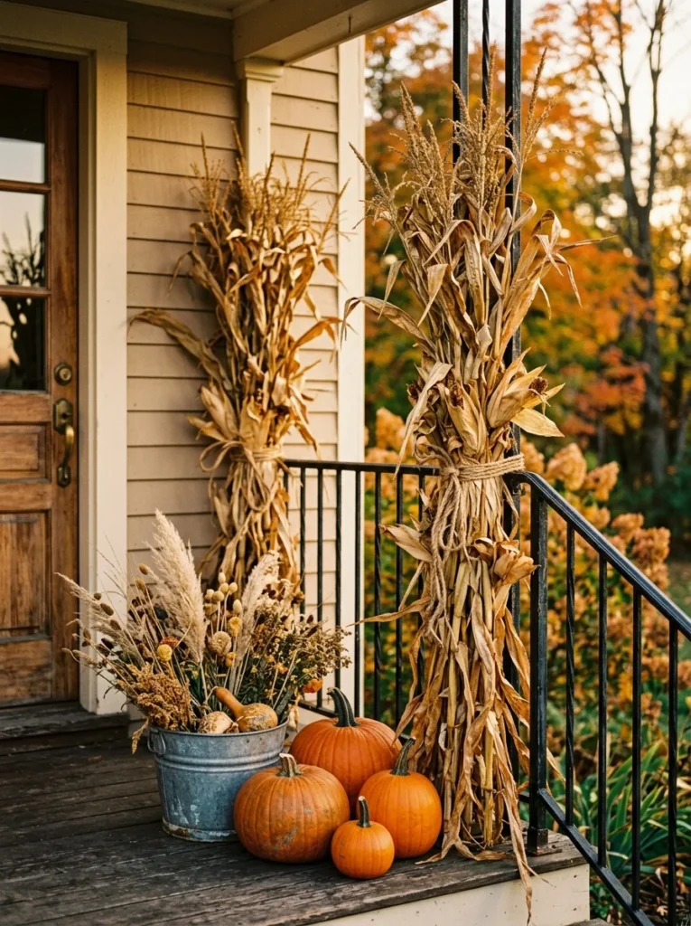 Dried corn stalks and pumpkins create rustic fall porch decor on a budget.