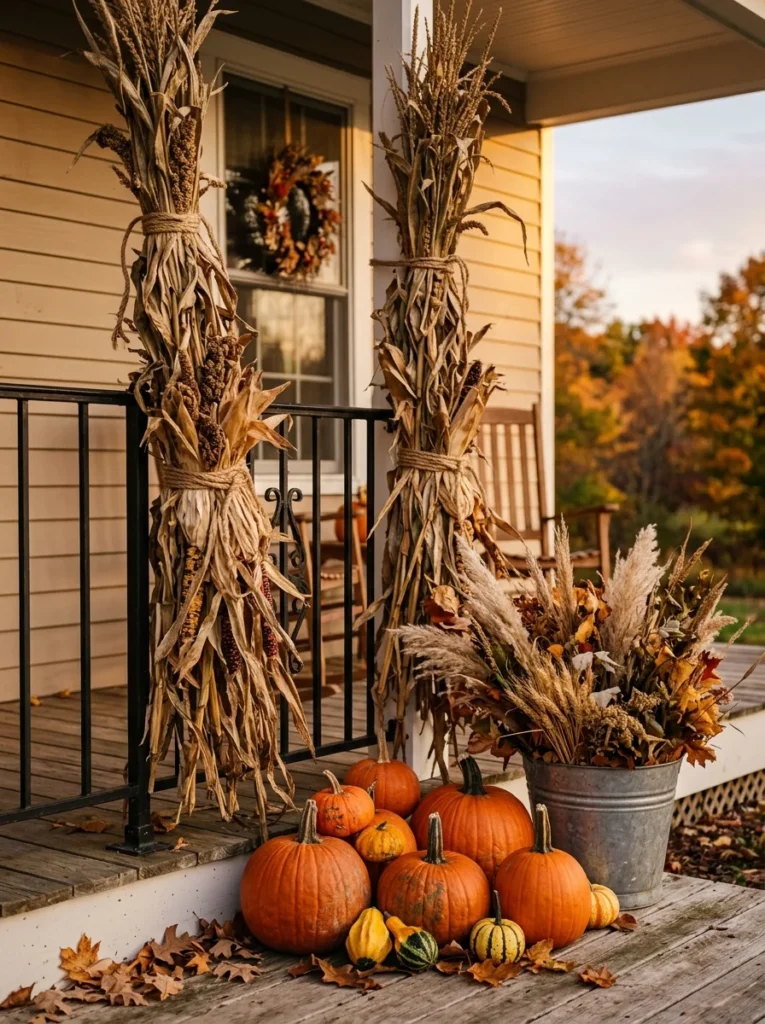 Dried corn stalks and pumpkins add rustic warmth to a fall front porch.