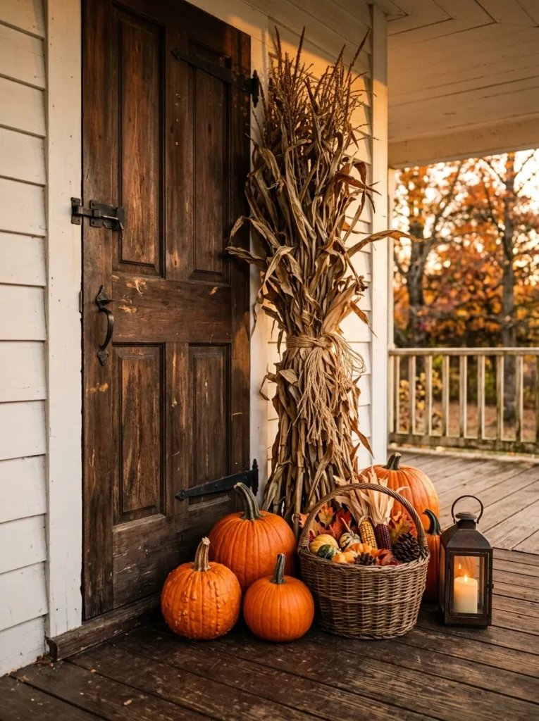 Dried cornstalks creating rustic farmhouse fall porch decor.