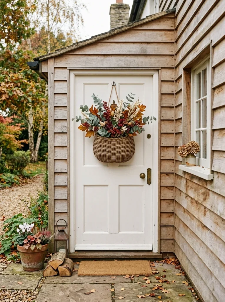 A woven foliage basket adds soft texture to a cottage-style fall entrance