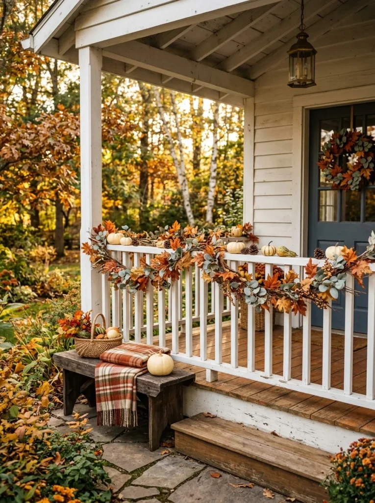 Faux autumn leaf garland draped along a porch railing