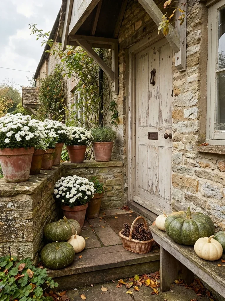 White mums and mossy green pumpkins create a cottage-inspired autumn porch.