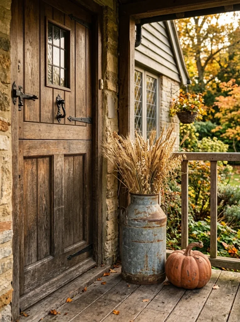 Vintage milk can filled with dried wheat for rustic fall porch decor.