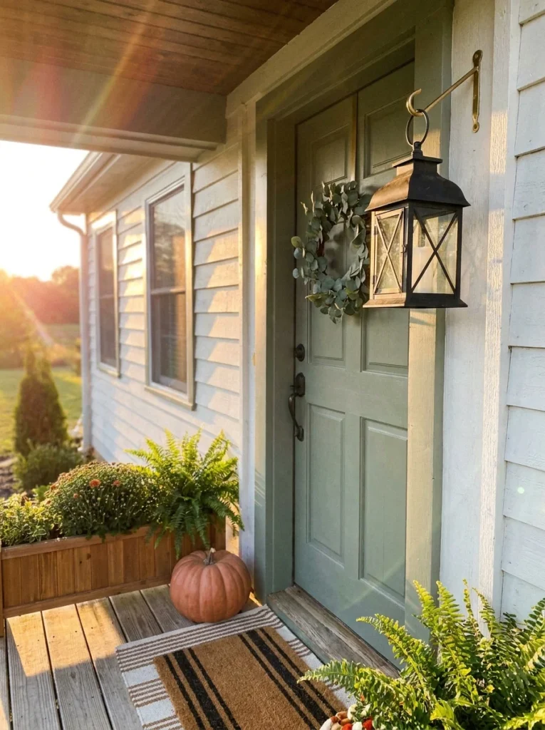 Hanging lantern beside a sage-green door for autumn porch decor