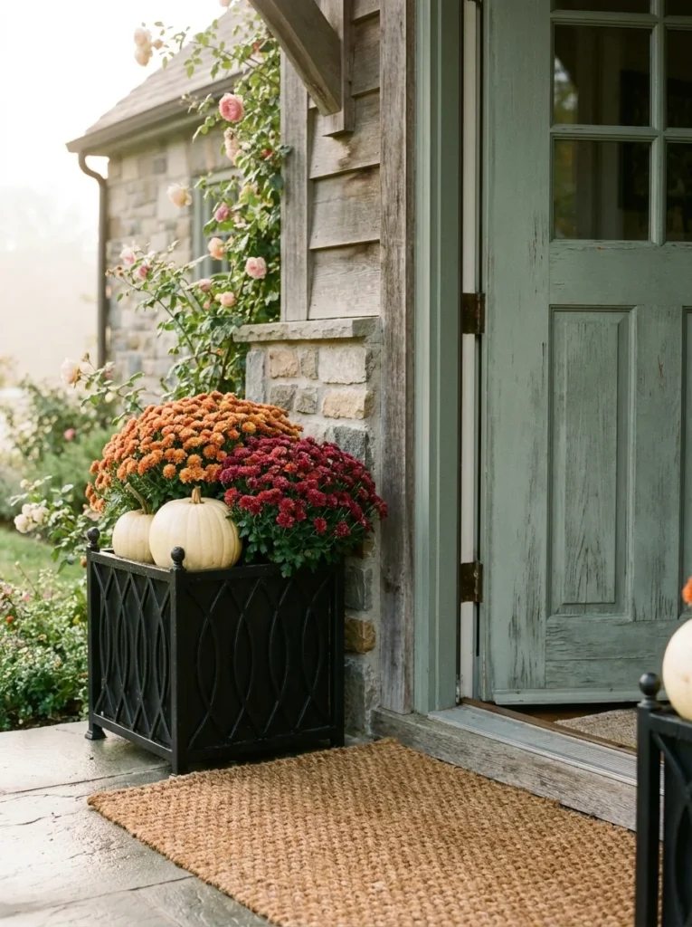 Burgundy and orange mums with cream pumpkins on a fall porch