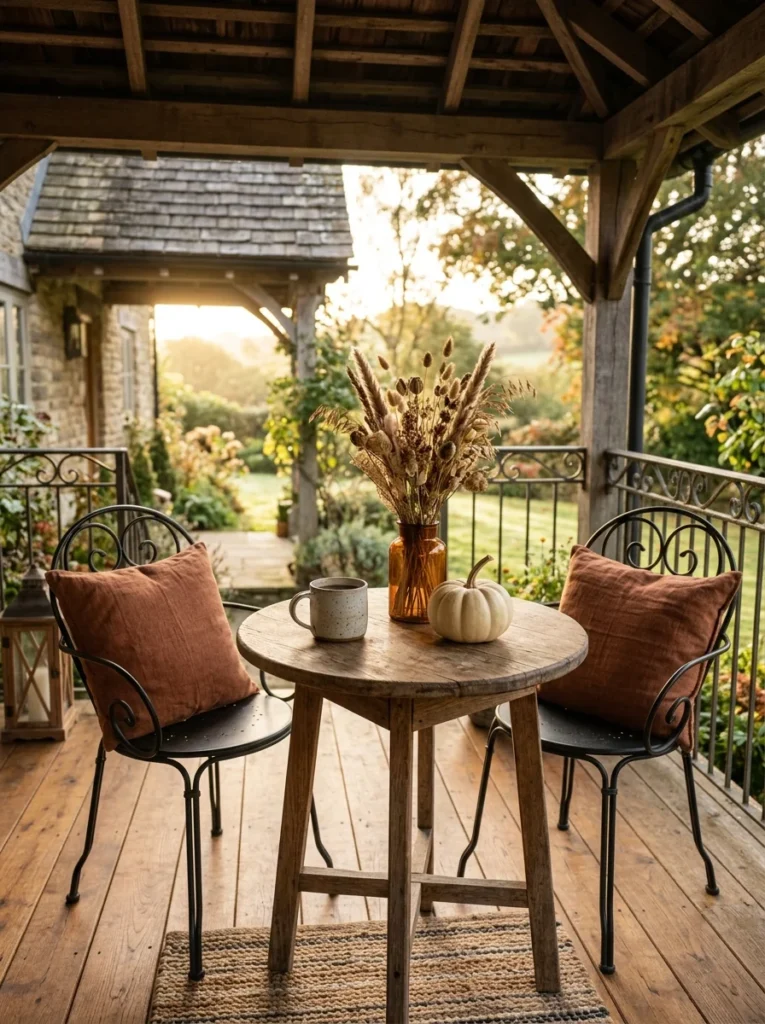 Cozy fall porch coffee corner with rust cushions and pumpkins