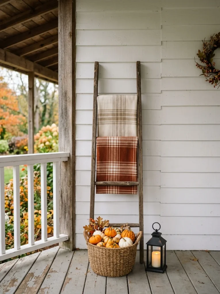 A wooden ladder with plaid blankets adds practical country texture to rustic fall porch decor.