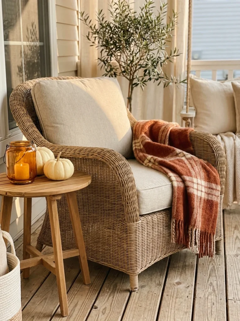 Cozy outdoor fall reading nook with wicker chair and plaid throw
