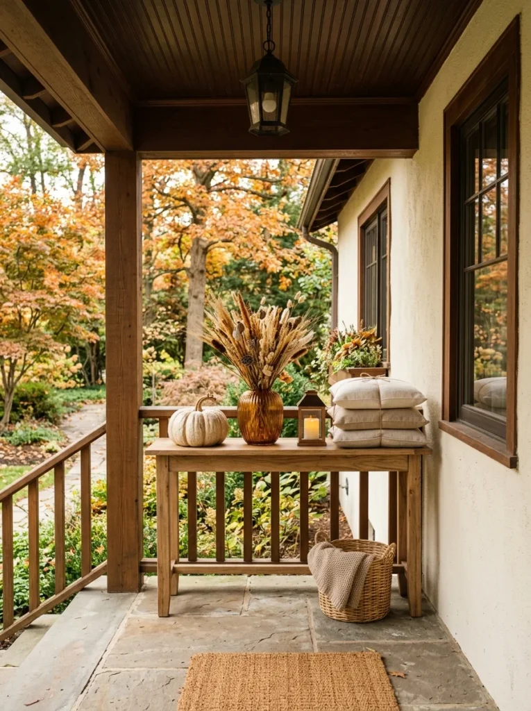Slim console table styled with neutral fall decorations on a porch