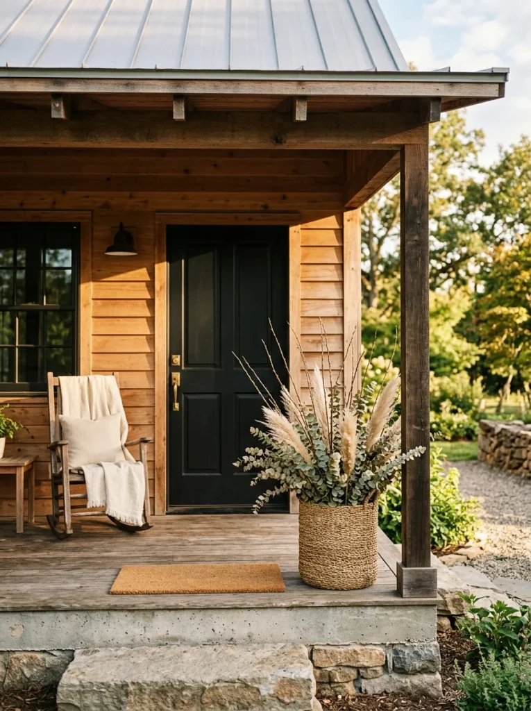 A woven basket of dried branches adds natural texture to a modern fall porch.