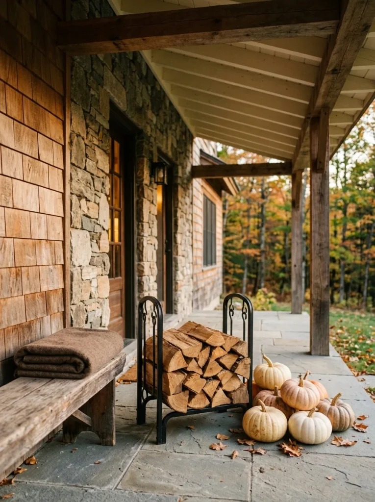  A neat firewood stack adds practical country texture to rustic fall porch decor.