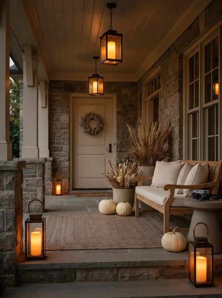 Warm LED lanterns finish a neutral fall porch with soft evening light.