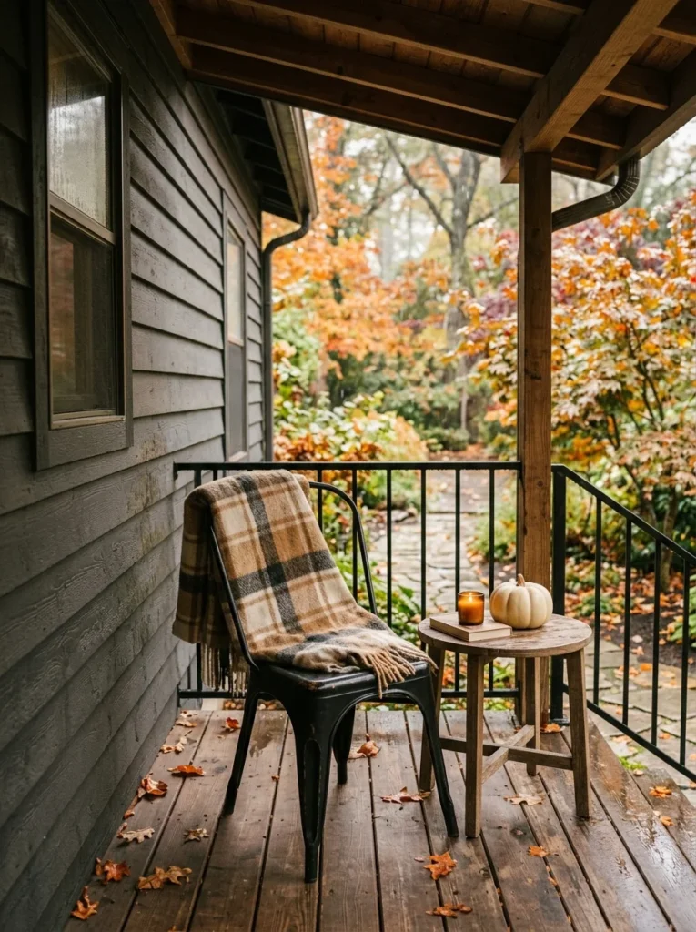 A camel and charcoal plaid throw adds soft texture to a modern fall porch seating area.