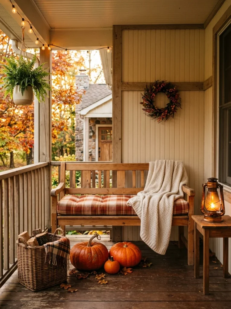 Cozy porch bench styled with pumpkins, plaid textiles, and a woven basket.
