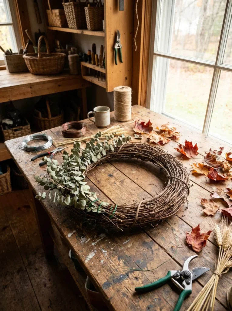 Eucalyptus greenery being attached to a grapevine wreath for fall.