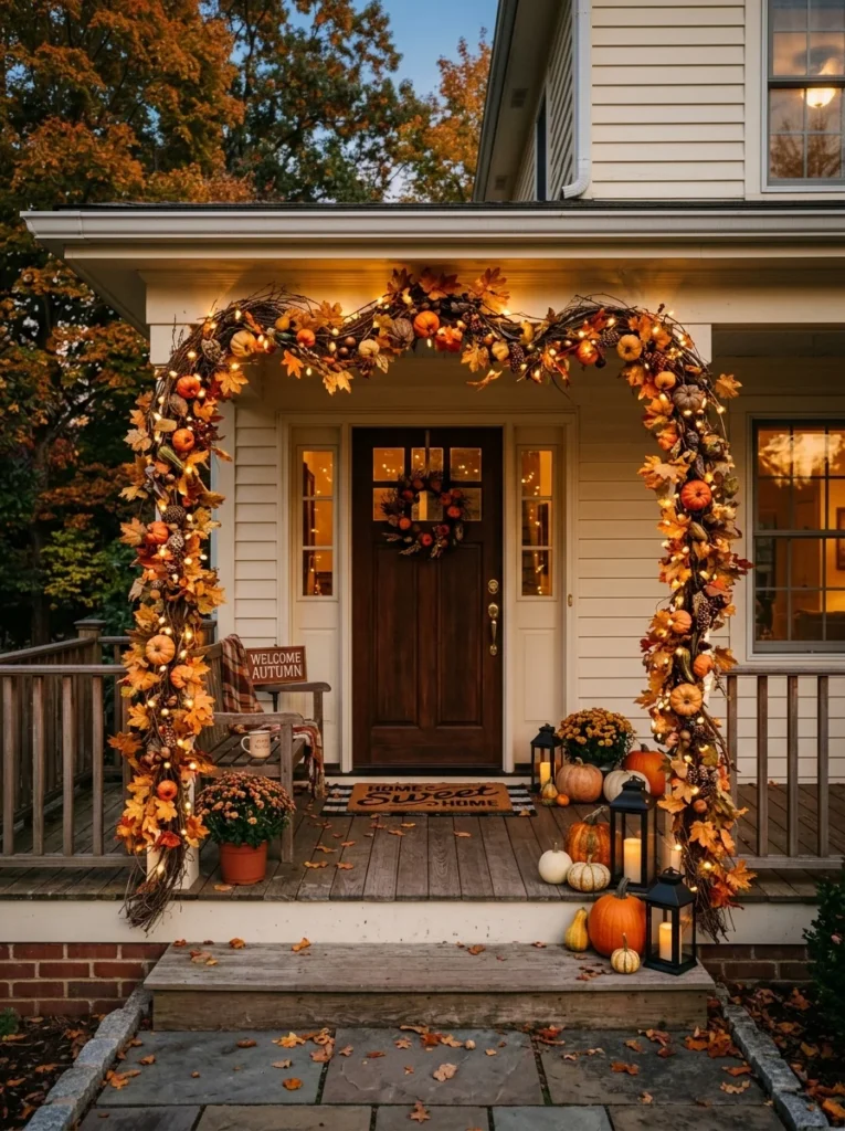 Pumpkin and autumn garland arch framing a front door for fall.