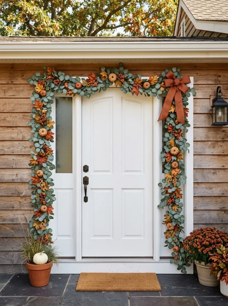 A faux leaf garland frames the door for cozy fall front porch decor.