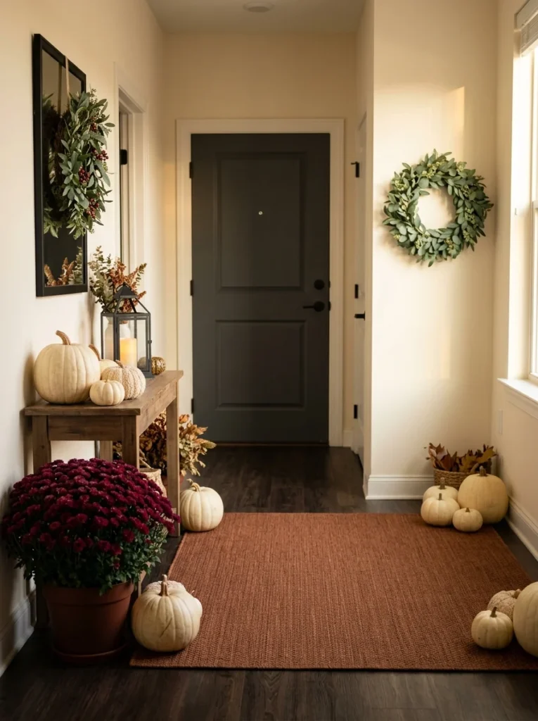 Balanced apartment fall porch decor with a clear walking path.