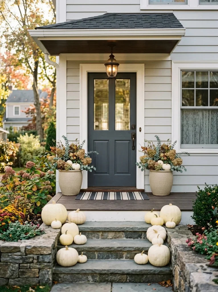 Repeating charcoal accents gives neutral fall porch decor a cohesive appearance.