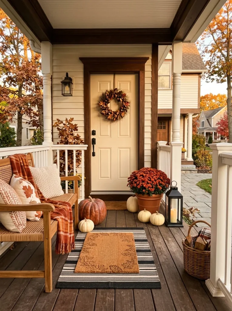 Layered fall porch decor combines pumpkins, mums, lanterns, baskets, and natural textures