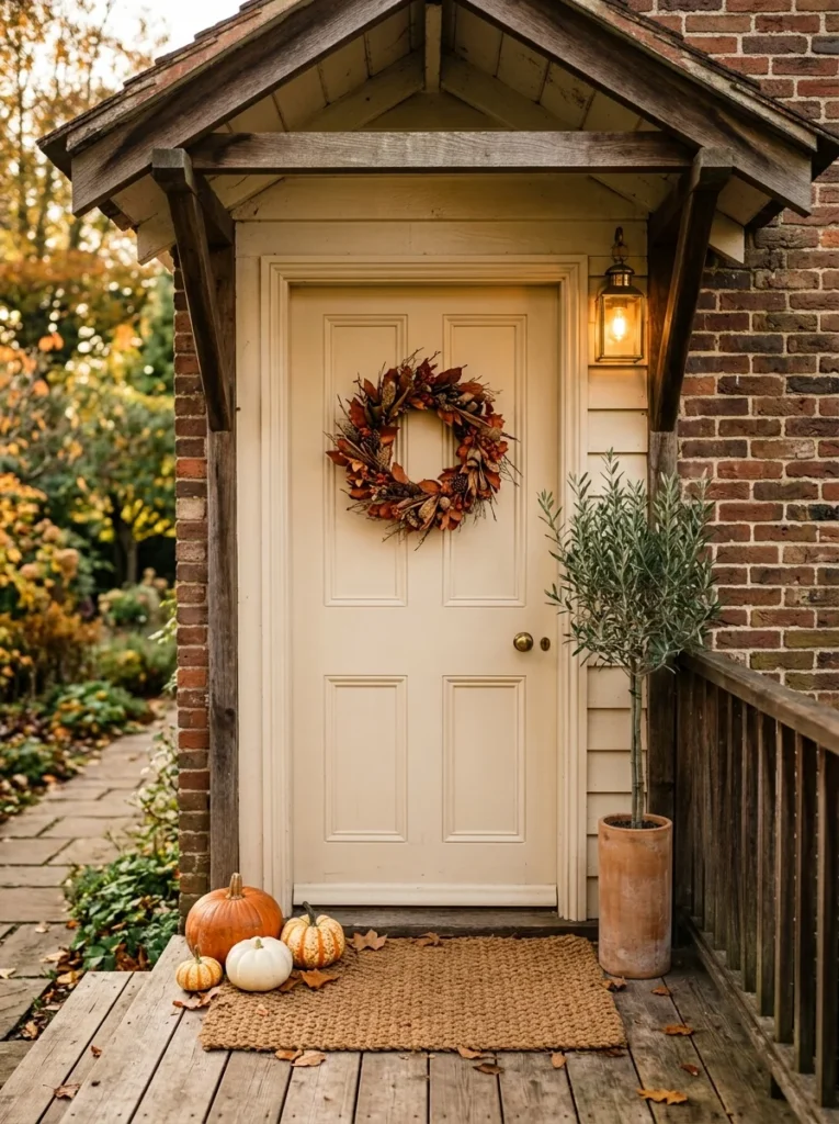 Cozy small fall porch decor with pumpkins, a wreath, planter, and lantern.