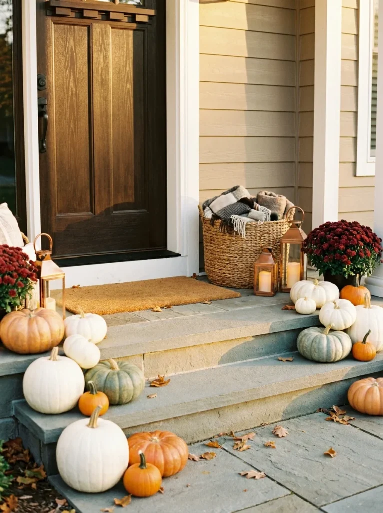 A stylish fall porch with pumpkins, mums, lanterns, and a layered doormat around a front door.