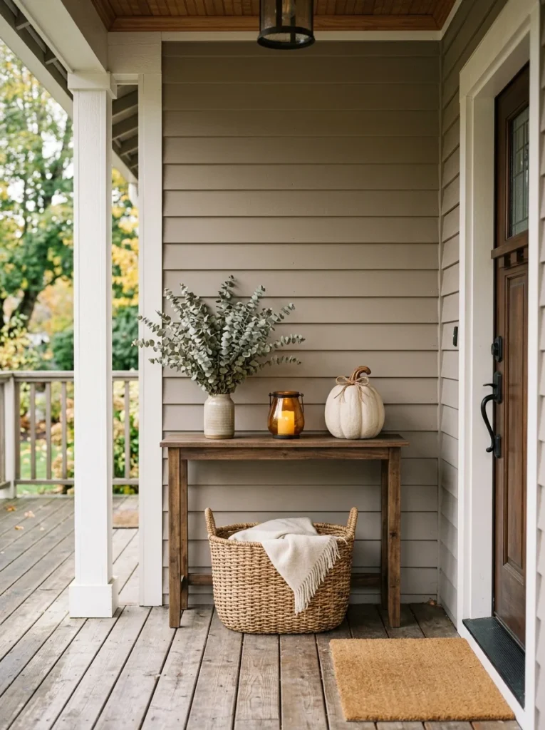 A woven basket under a slim console adds practical storage to fall porch decor