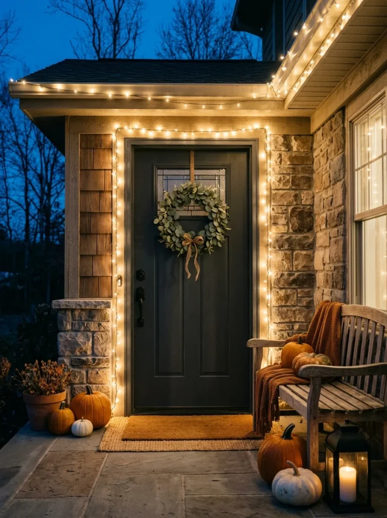 Warm string lights frame the door in cozy autumn front porch decor